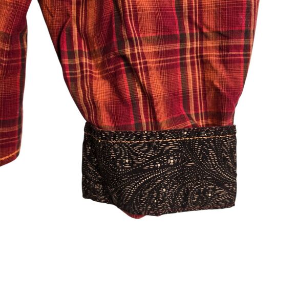 Panhandle Rough Stock Shirt XXL Snap Button Embroider Plaid Orange Red Flip Cuff - Picture 5 of 9